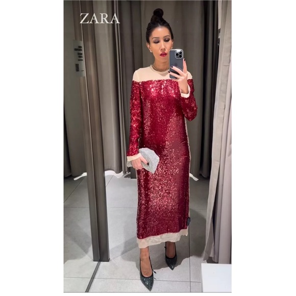 Zara sequin chiffon red midi dress sz.00 - Picture 1 of 17
